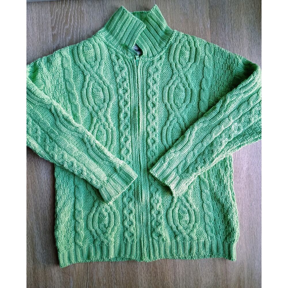 Aran Crafts Ireland 100% merino wool cable knit cardigan  bright green full zip